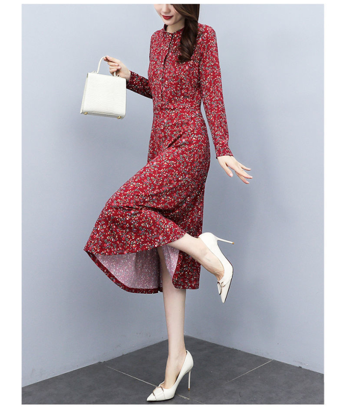 Sieviešu garās piedurknes kleita rietumu stilā, midi garums, poliestera audums 70–80%, šuvju splicing detaļa, rudens 2025 izlase