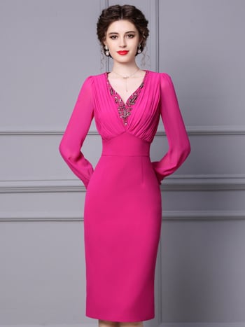 Haljina s V-izrezom, dugi balon rukavi, visok struk — preko glave, poliesterska smjesa