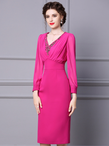 Haljina s V-izrezom, dugi balon rukavi, visok struk — preko glave, poliesterska smjesa