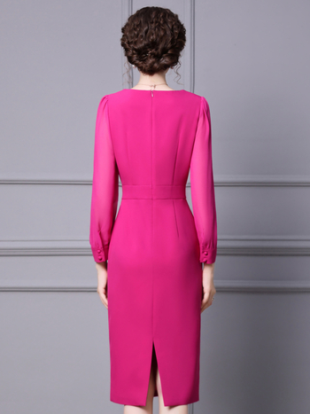 Haljina s V-izrezom, dugi balon rukavi, visok struk — preko glave, poliesterska smjesa