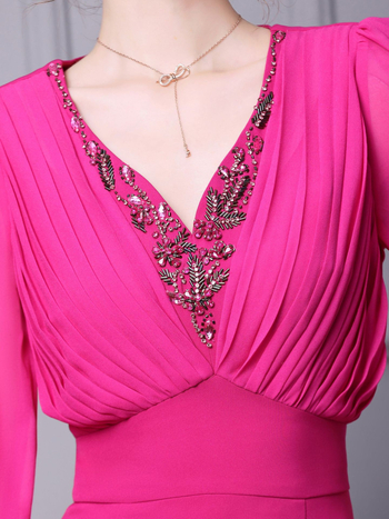 Haljina s V-izrezom, dugi balon rukavi, visok struk — preko glave, poliesterska smjesa