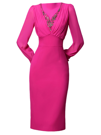 Haljina s V-izrezom, dugi balon rukavi, visok struk — preko glave, poliesterska smjesa