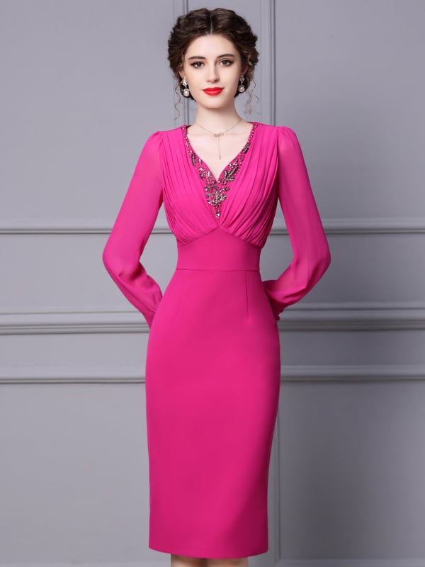 Haljina s V-izrezom, dugi balon rukavi, visok struk — preko glave, poliesterska smjesa