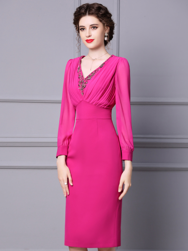 Haljina s V-izrezom, dugi balon rukavi, visok struk — preko glave, poliesterska smjesa