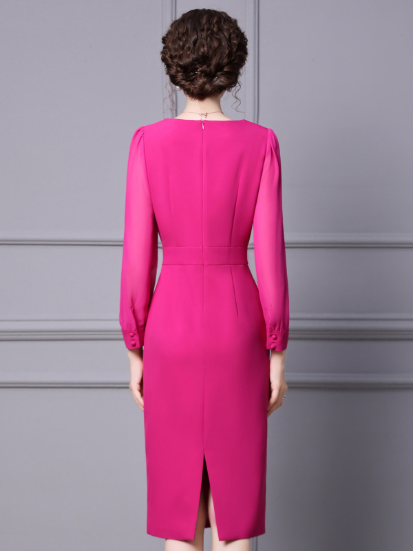 Haljina s V-izrezom, dugi balon rukavi, visok struk — preko glave, poliesterska smjesa