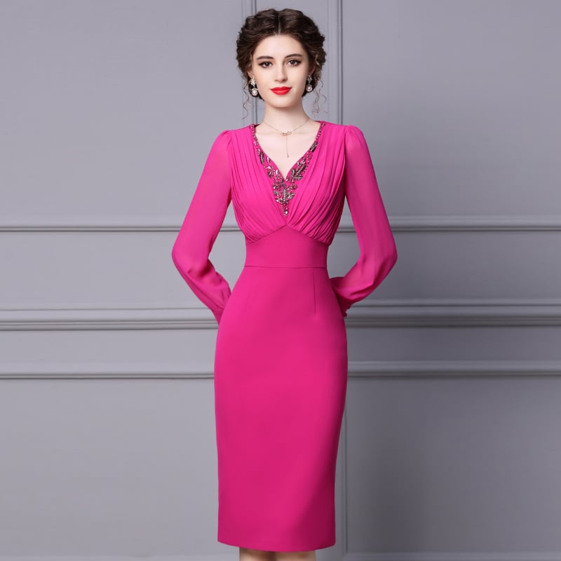 Haljina s V-izrezom, dugi balon rukavi, visok struk — preko glave, poliesterska smjesa