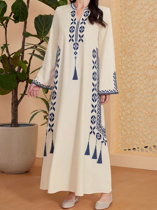 Ženska haljina s V izrezom, pleteni geometrijski print, duga A-linijska haljina – elegantan pulover stil