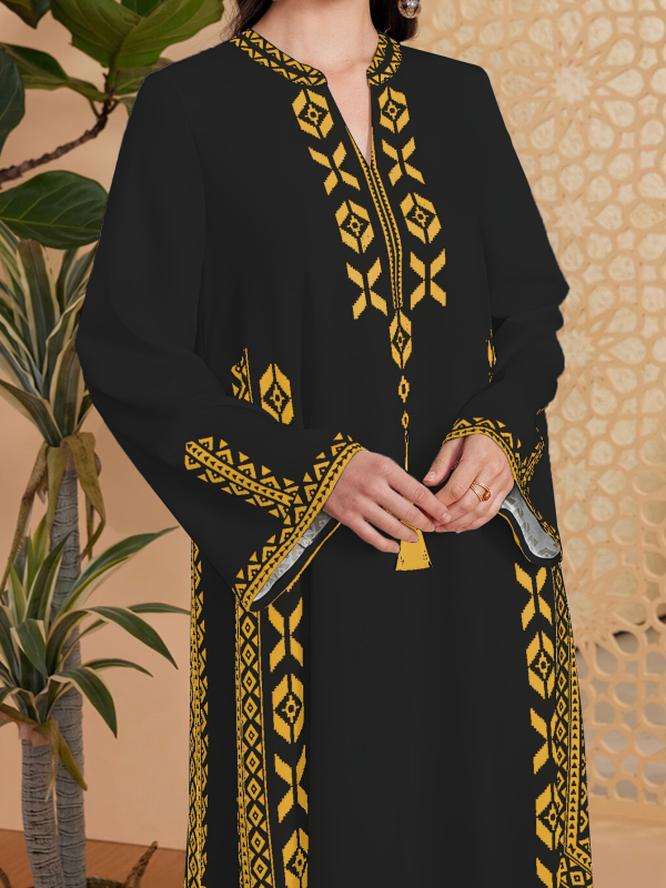Ženska haljina s V izrezom, pleteni geometrijski print, duga A-linijska haljina – elegantan pulover stil