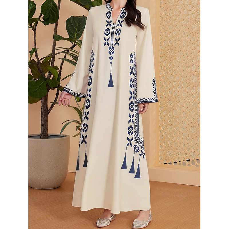 Ženska haljina s V izrezom, pleteni geometrijski print, duga A-linijska haljina – elegantan pulover stil