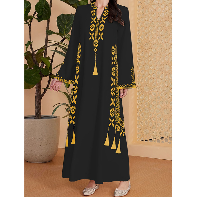 Ženska haljina s V izrezom, pleteni geometrijski print, duga A-linijska haljina – elegantan pulover stil