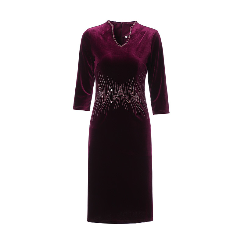 V-kaelusega kleit sametist taljega, käsitsi tikitud helmestega, satiinibrokkaat kangas, hiina stiil