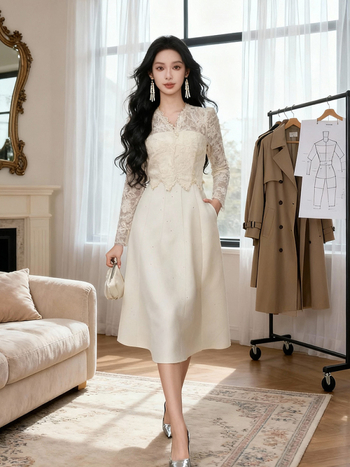 Rochie pentru femei cu dantelă franțuzească și inserții, lungă A-line, decolteu în V, mâneci bufante, talie înaltă – iarna 2025