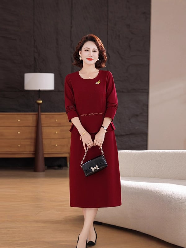 Rochie cu design fals de două părți, decolteu rotund, mâneci lungi, lungime medie, țesătură nylon cu fibre de poliester