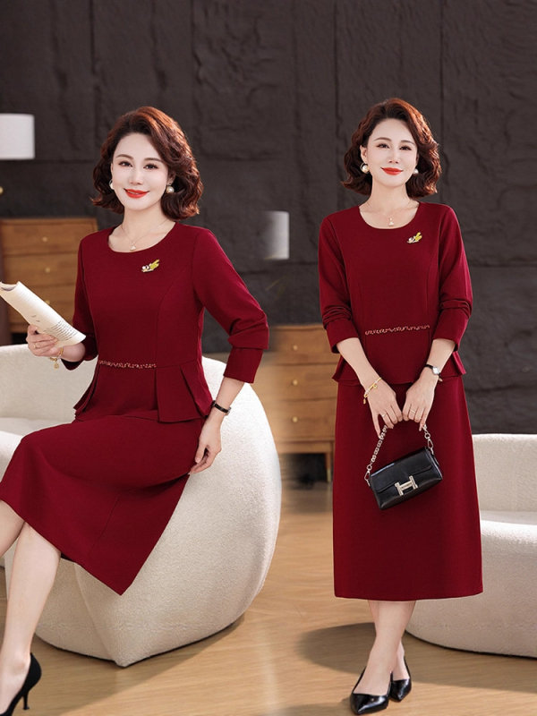 Rochie cu design fals de două părți, decolteu rotund, mâneci lungi, lungime medie, țesătură nylon cu fibre de poliester