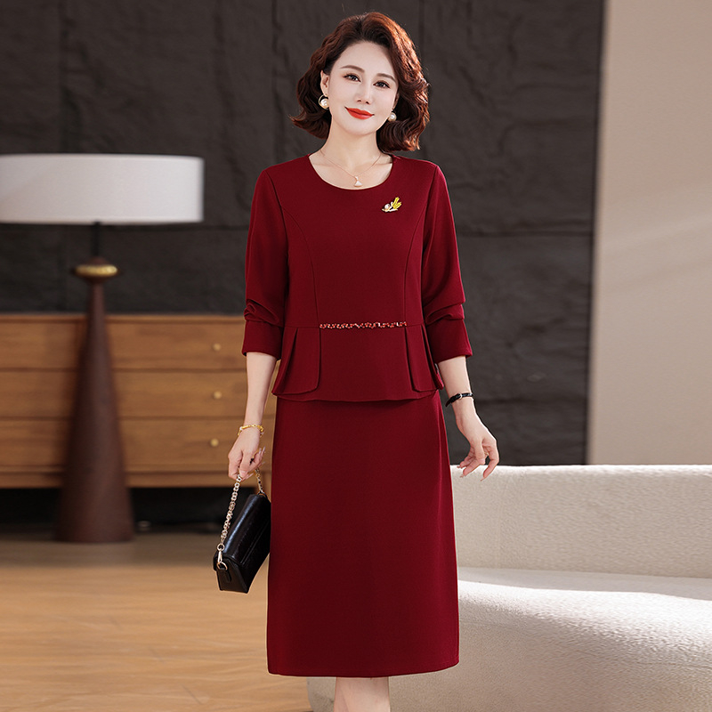 Rochie cu design fals de două părți, decolteu rotund, mâneci lungi, lungime medie, țesătură nylon cu fibre de poliester