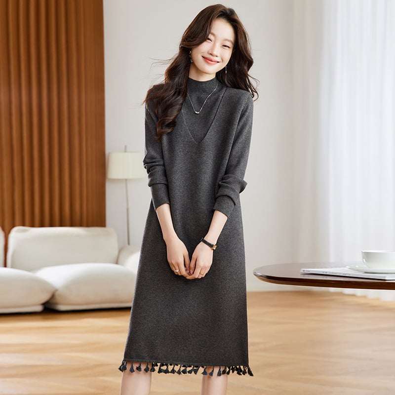 Dvodjelni pleteni set za jesen-zimu s kapuljom i patchwork midi haljinom – vunena smjesa, dugi rukavi, slobodan struk, korejski stil