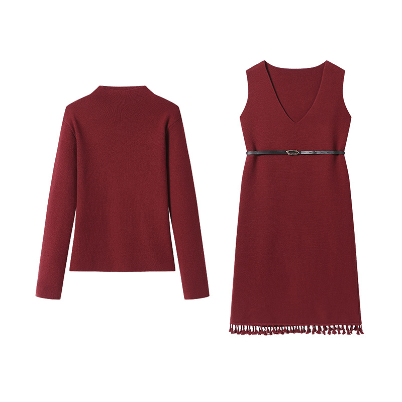 Dvodjelni pleteni set za jesen-zimu s kapuljom i patchwork midi haljinom – vunena smjesa, dugi rukavi, slobodan struk, korejski stil