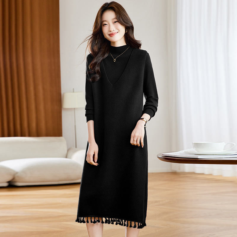Dvodjelni pleteni set za jesen-zimu s kapuljom i patchwork midi haljinom – vunena smjesa, dugi rukavi, slobodan struk, korejski stil