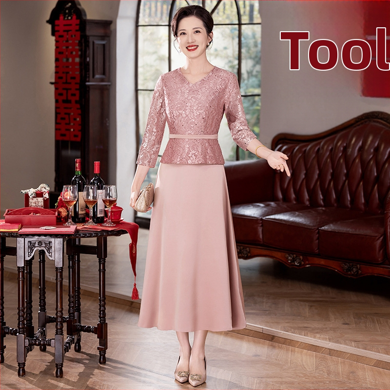 Elegantne kleit pruudi emale, kevad-suve 2025, pikk, tikitud polüester, pikkus 125 cm