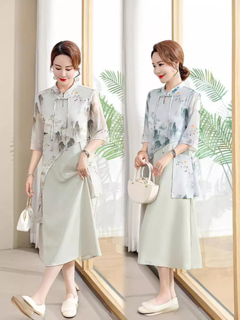 Jaunas mātes kleita rietumu–ķīniešu stilā, vidējā garuma, slaida silueta, materiāls: poliesters, sastāvs: ≥95% poliesters, vasara 2024