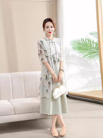 Jaunas mātes kleita rietumu–ķīniešu stilā, vidējā garuma, slaida silueta, materiāls: poliesters, sastāvs: ≥95% poliesters, vasara 2024