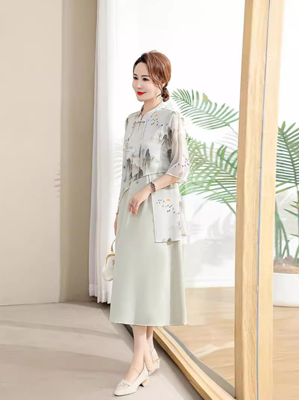 Jaunas mātes kleita rietumu–ķīniešu stilā, vidējā garuma, slaida silueta, materiāls: poliesters, sastāvs: ≥95% poliesters, vasara 2024