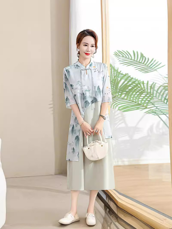 Jaunas mātes kleita rietumu–ķīniešu stilā, vidējā garuma, slaida silueta, materiāls: poliesters, sastāvs: ≥95% poliesters, vasara 2024