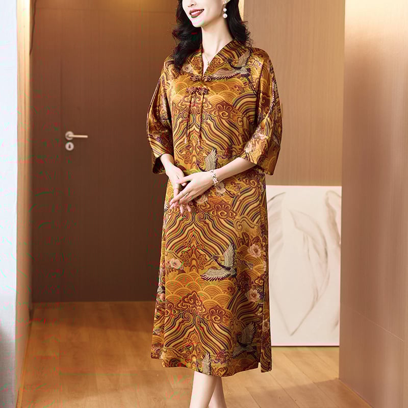 Плътена коприна рокля с принт, средна дължина, градски хипстер стил, съдържание на коприна над 95%, вторичен плат 30–50%