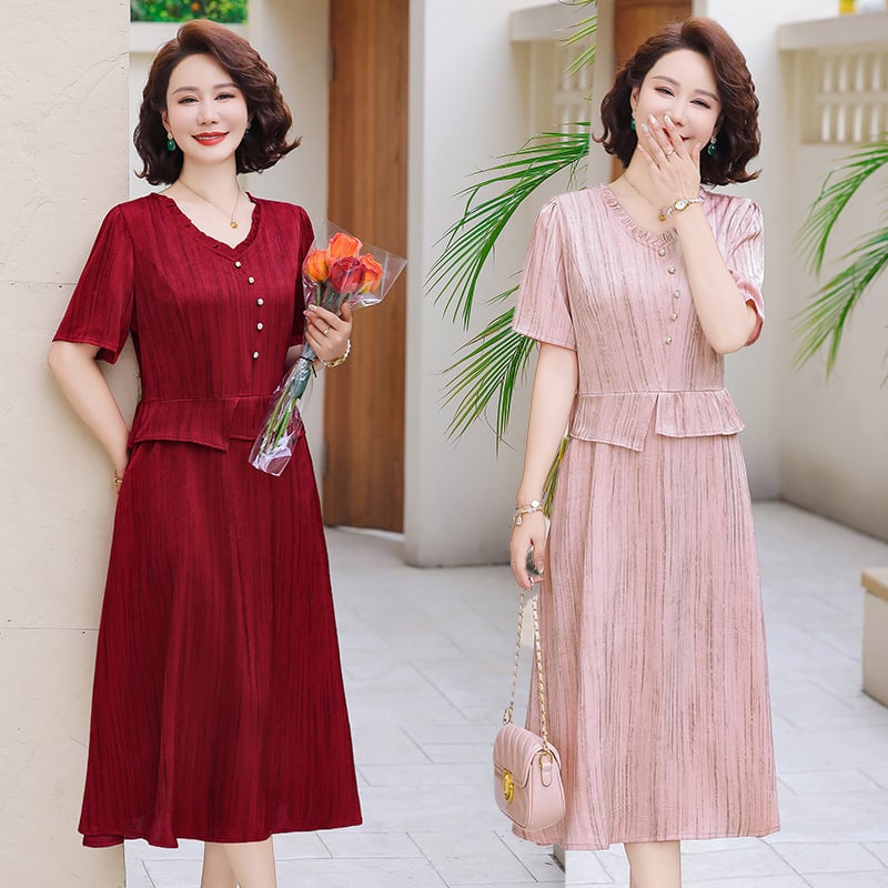 Ljetna haljina za žene srednje dobi – elegantan lažni dvodijelni set, jednobojna, A-linija, V izrez, kratki rukavi, midi duljina, korejski ležerni stil