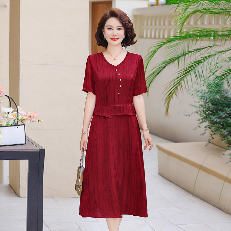 Ljetna haljina za žene srednje dobi – elegantan lažni dvodijelni set, jednobojna, A-linija, V izrez, kratki rukavi, midi duljina, korejski ležerni stil