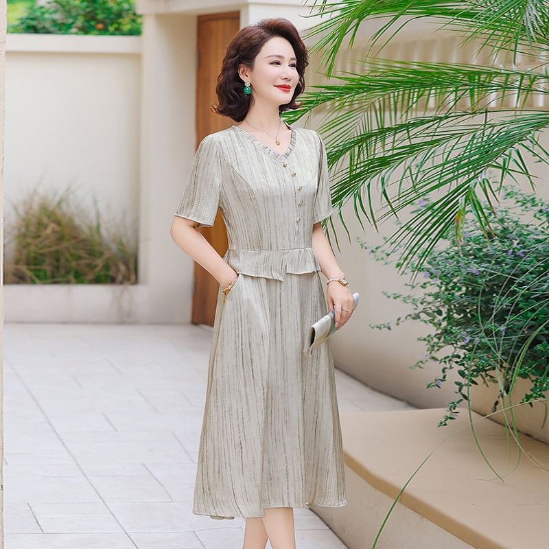 Ljetna haljina za žene srednje dobi – elegantan lažni dvodijelni set, jednobojna, A-linija, V izrez, kratki rukavi, midi duljina, korejski ležerni stil