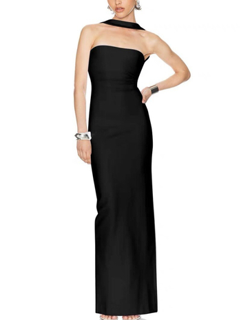 Rochie lungă pentru femei cu gât halter, stil Bandage, poliester cu elastan, culoare solidă, talie înaltă