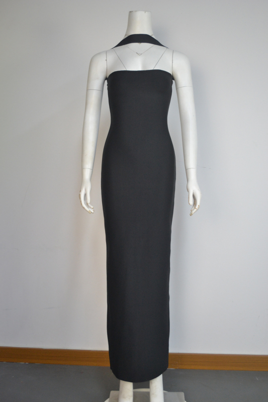 Rochie lungă pentru femei cu gât halter, stil Bandage, poliester cu elastan, culoare solidă, talie înaltă