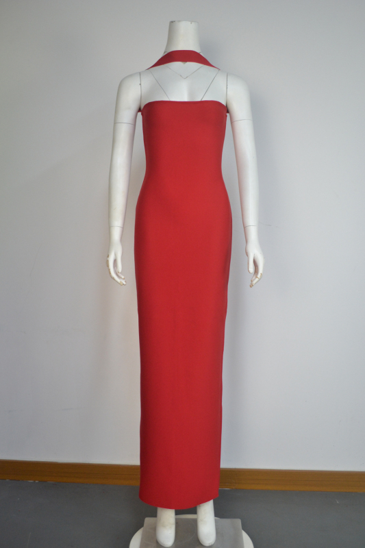 Rochie lungă pentru femei cu gât halter, stil Bandage, poliester cu elastan, culoare solidă, talie înaltă