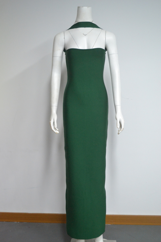 Rochie lungă pentru femei cu gât halter, stil Bandage, poliester cu elastan, culoare solidă, talie înaltă