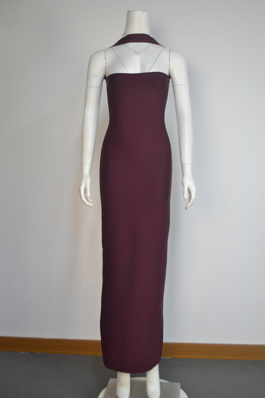 Rochie lungă pentru femei cu gât halter, stil Bandage, poliester cu elastan, culoare solidă, talie înaltă