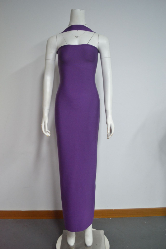 Rochie lungă pentru femei cu gât halter, stil Bandage, poliester cu elastan, culoare solidă, talie înaltă