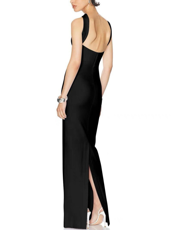 Rochie lungă pentru femei cu gât halter, stil Bandage, poliester cu elastan, culoare solidă, talie înaltă