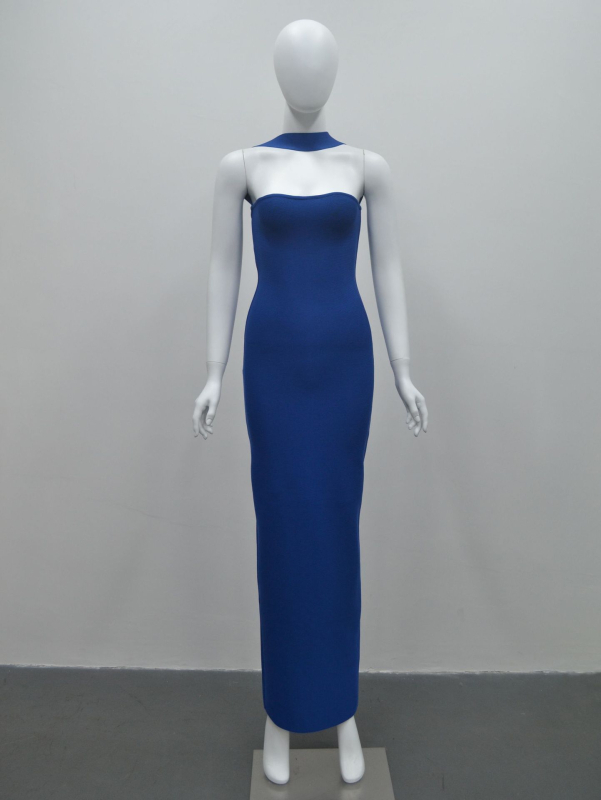 Rochie lungă pentru femei cu gât halter, stil Bandage, poliester cu elastan, culoare solidă, talie înaltă