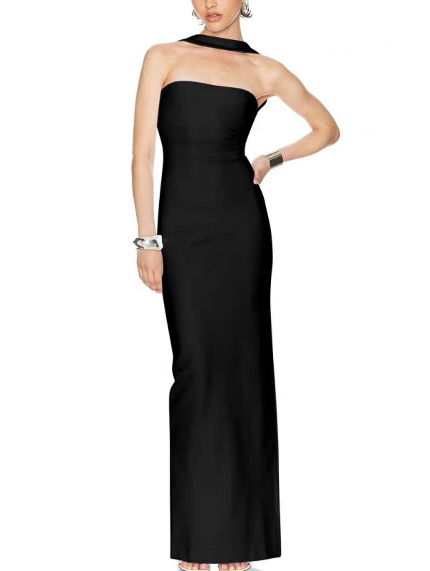 Rochie lungă pentru femei cu gât halter, stil Bandage, poliester cu elastan, culoare solidă, talie înaltă