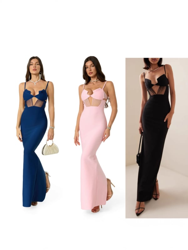 Rochie tricotată cu design prin îmbinări, decolteu adânc în V, fără mâneci, talie înaltă, lungă