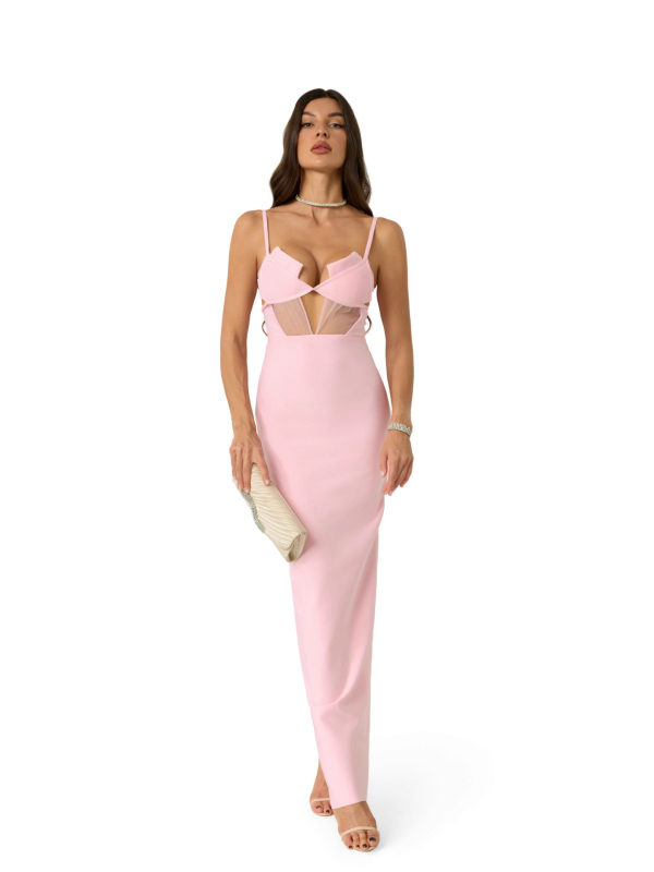 Rochie tricotată cu design prin îmbinări, decolteu adânc în V, fără mâneci, talie înaltă, lungă