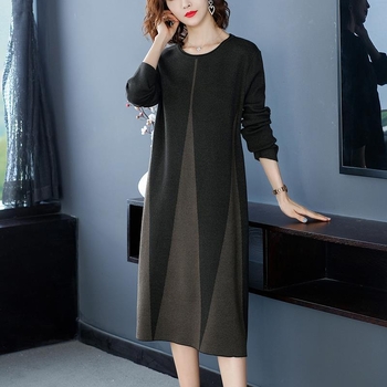 Haljina A-linije, midi duljine, polu-visoki ovratnik, dugi rukavi, slobodan struk, smjesa viskoze i poliester, elegantan uredski stil