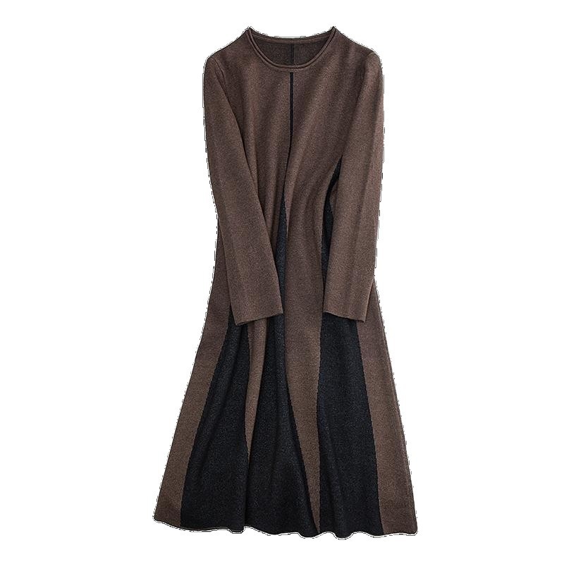 Haljina A-linije, midi duljine, polu-visoki ovratnik, dugi rukavi, slobodan struk, smjesa viskoze i poliester, elegantan uredski stil