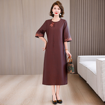 Рокля в китайски национален стил, конопено-полиестерна смес (>95% коноп, <30% полиестер), бродерия, средна дължина, женствен стил, литературно ретро, пролет 2025