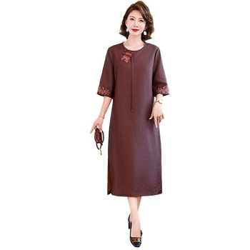 Рокля в китайски национален стил, конопено-полиестерна смес (>95% коноп, <30% полиестер), бродерия, средна дължина, женствен стил, литературно ретро, пролет 2025