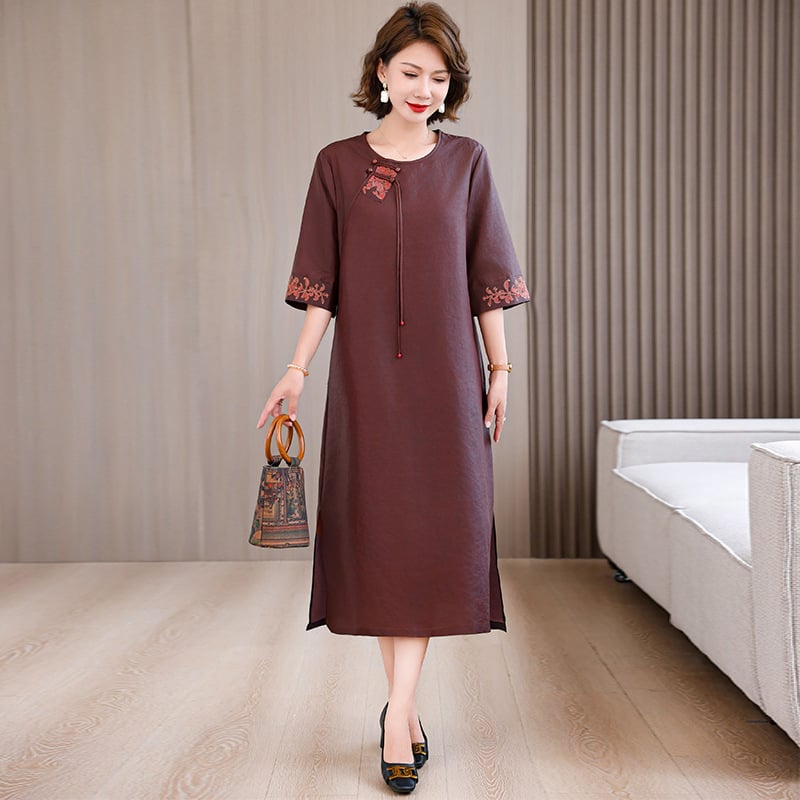 Рокля в китайски национален стил, конопено-полиестерна смес (>95% коноп, <30% полиестер), бродерия, средна дължина, женствен стил, литературно ретро, пролет 2025