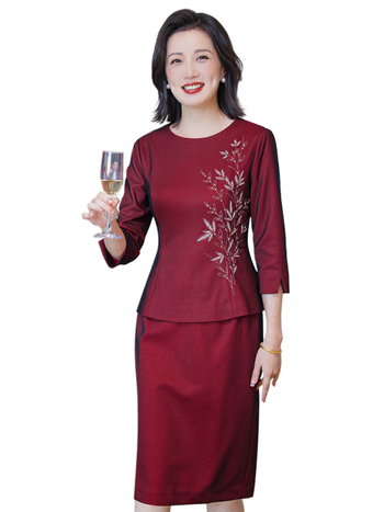 Нов китайски стил майчин костюм за пролетни партита и сватби, проста елегантна рокля с мъниста, средна дължина, ацетат и полиестер 90–95%