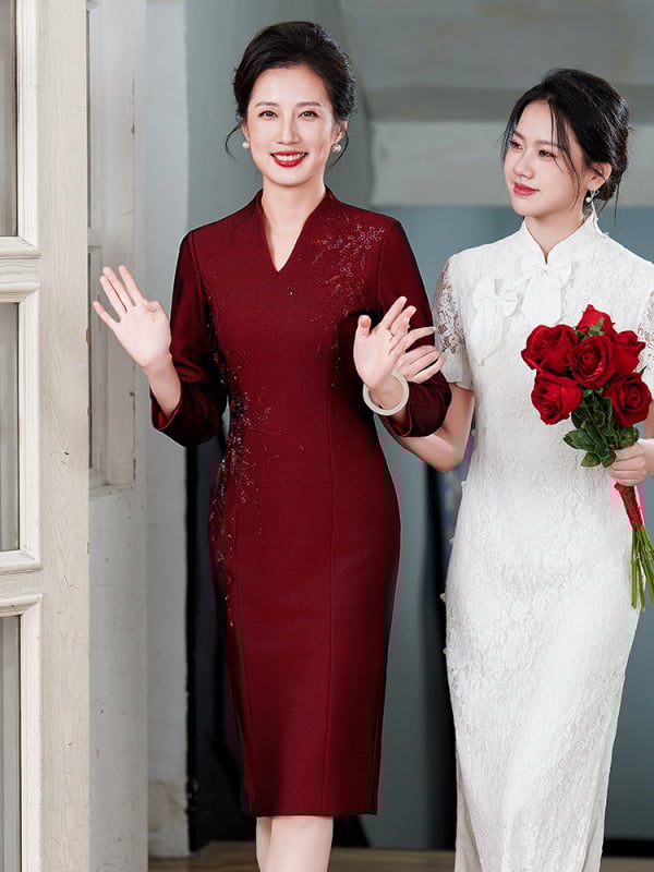 Есен 2025 Висок клас сватбена рокля за майката на булката с мъниста, средна дължина, композитен материал, полиестерова тъкан 90–95%