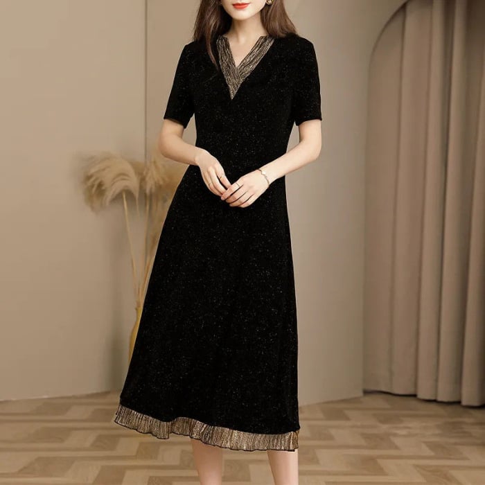 Rochie cu decolteu în V, croială în A, mâneci scurte, imprimeu, poliester